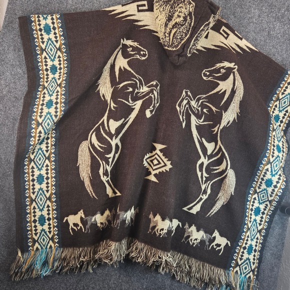 Southwestern Horse Hooded Poncho Blanket Shawl Fringe Cape Western Aztec Boho - Picture 10 of 16
